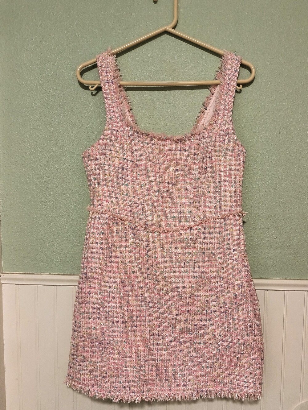 SHEIN Pink Tweed Frayed-Trim Sleeveless Shift Dress